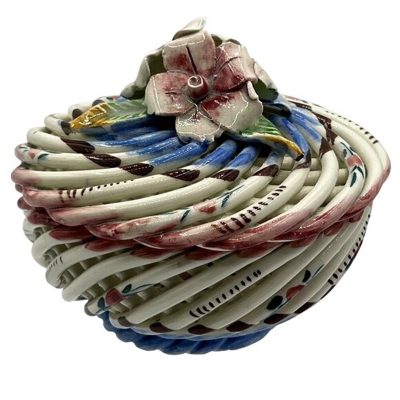 Vtg Hand Painted Spanish Porcelain Trinket Box Twig Style Basket Bloomcore Spain - Picture 9 of 13